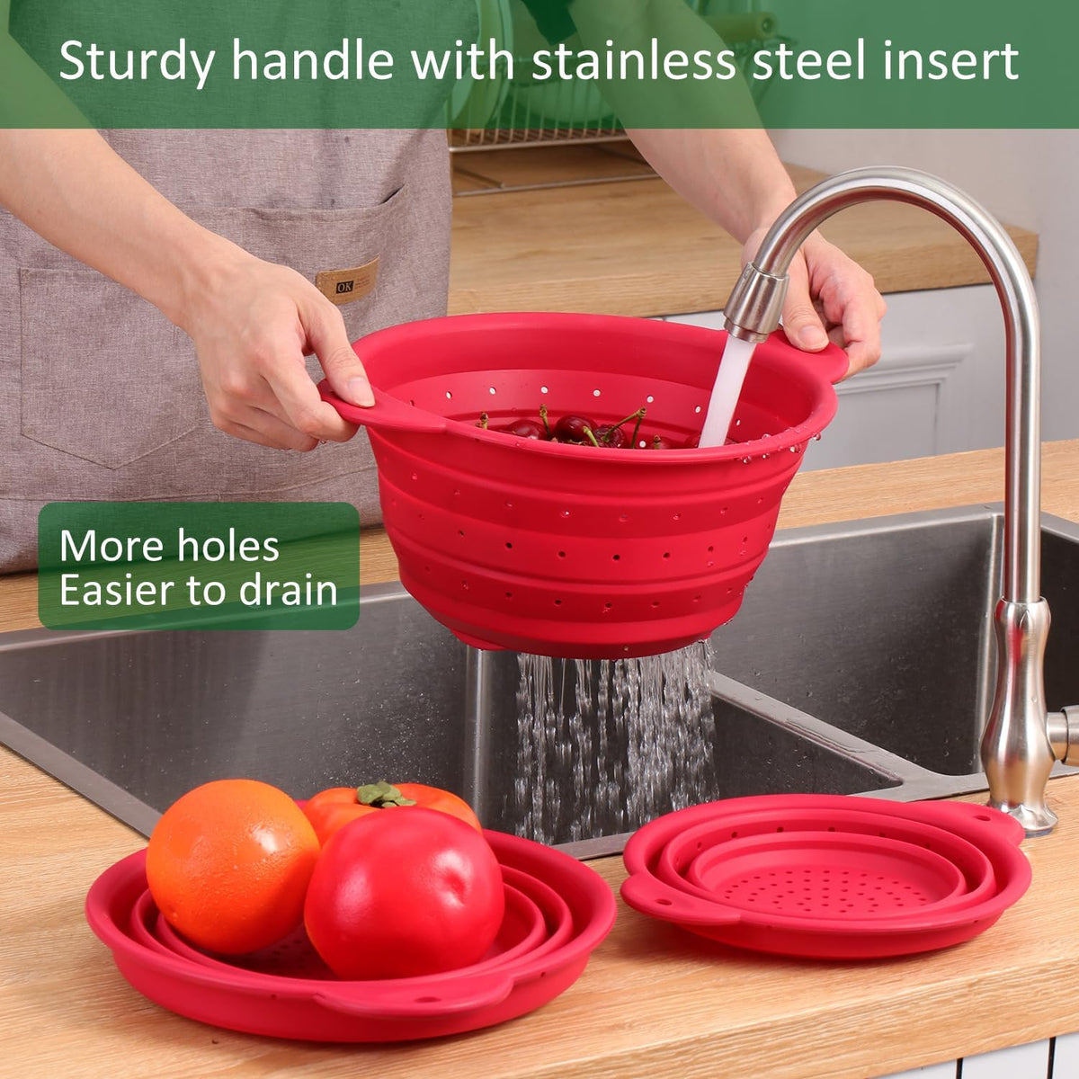 Collapsible Silicone Colander Bowl Set,BPA Free, Heat Resistant, Stainless Steel Nesting, Portable Washing Basket Strainer Drain Basin for Pasta, Vegetable and fruit, Kitchen, Camping, Hiking