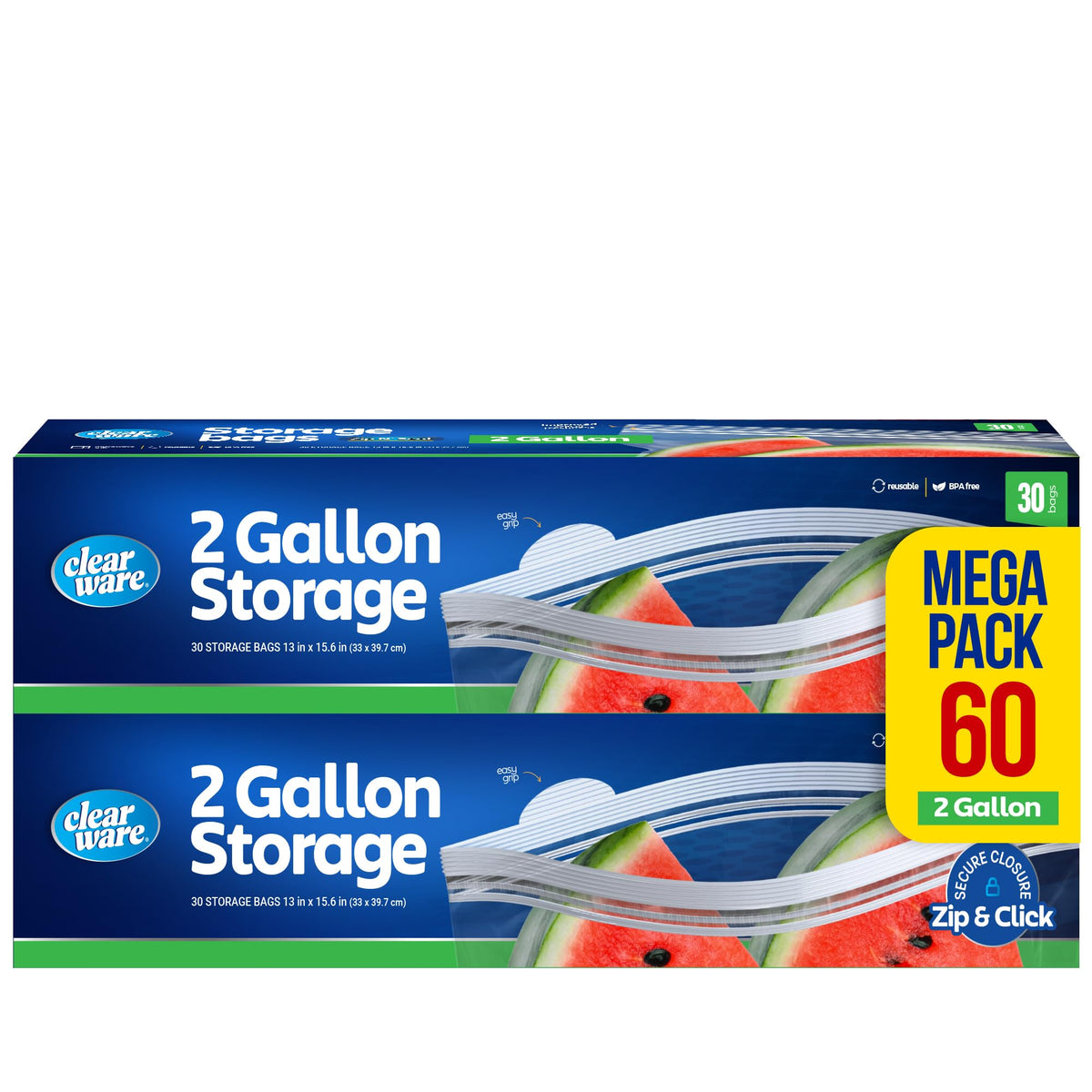 2 Gallon Storage Bags, Double Zipper Seal - 60 Count, Resealable Thick Plastic Food Storage Bags, Zero BPA - Resealable Containers for Lunch, Snacks, Meals - 2 Boxes