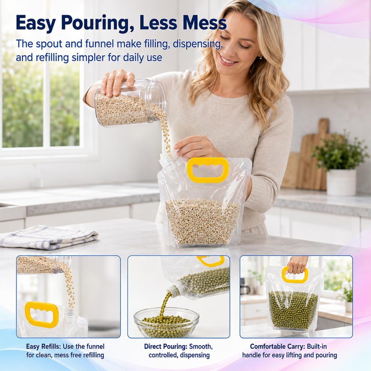 5pcs Food Storage Bags, Reusable Grain Storage Moisture-proof Sealed Bags, Stand Up Packaging Pouches Large Sealed Bag with Handle