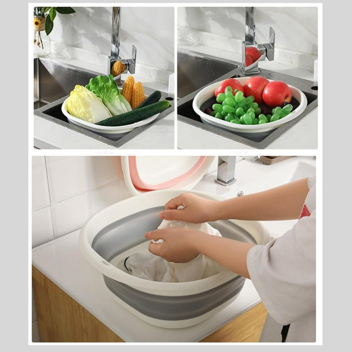 3-piece folding washbasin set, foldable dishwasher basin, space-saving folding sink, suitable for apartments, camping, dishwashing, fruit and beverage container, hiking, and household use (Grey)