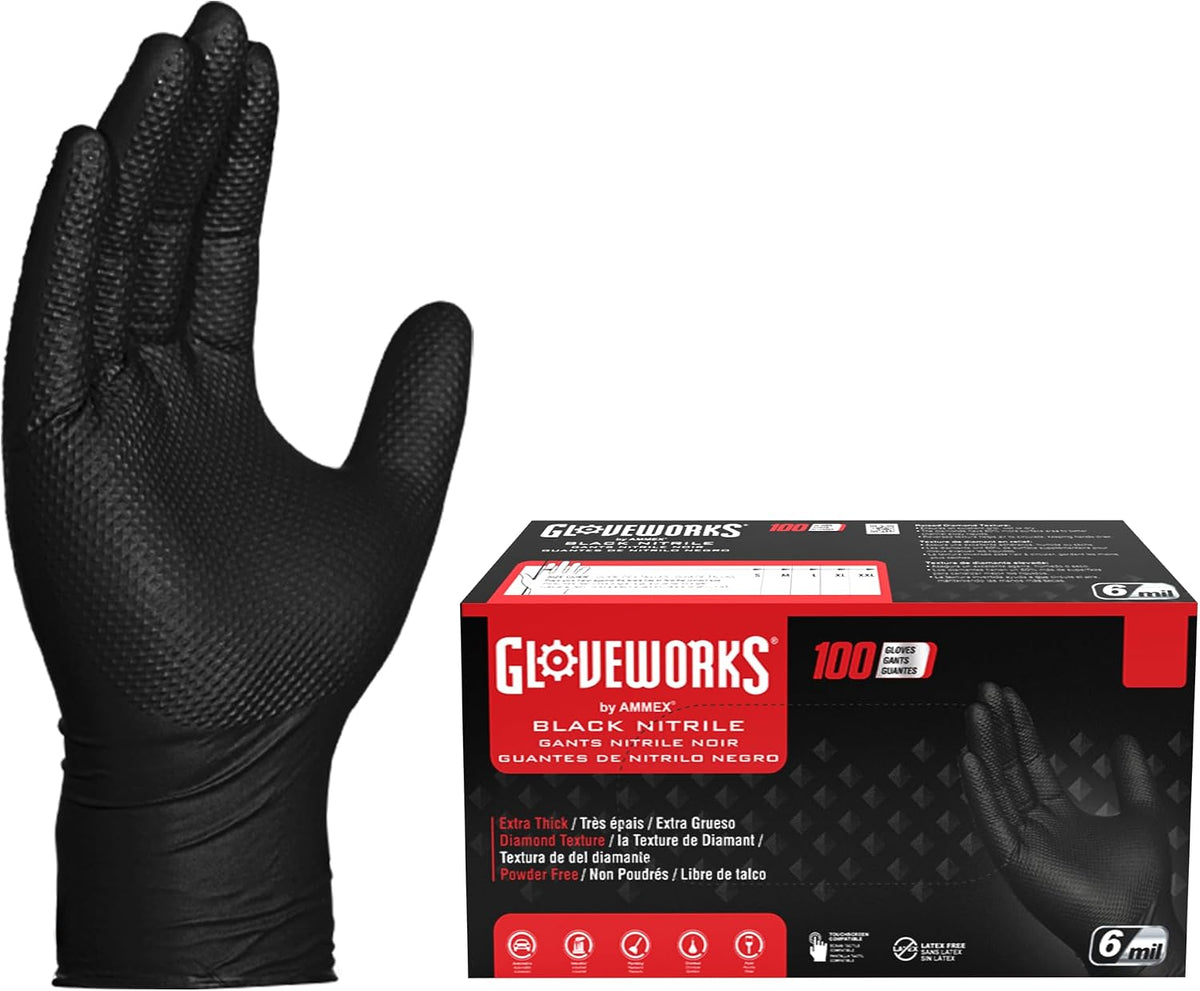 GLOVEWORKS Black Nitrile Gloves 6 Mil Diamond Textured for Mechanic Work