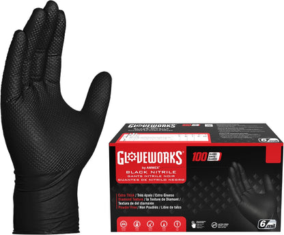GLOVEWORKS Black Nitrile Gloves 6 Mil Diamond Textured for Mechanic Work