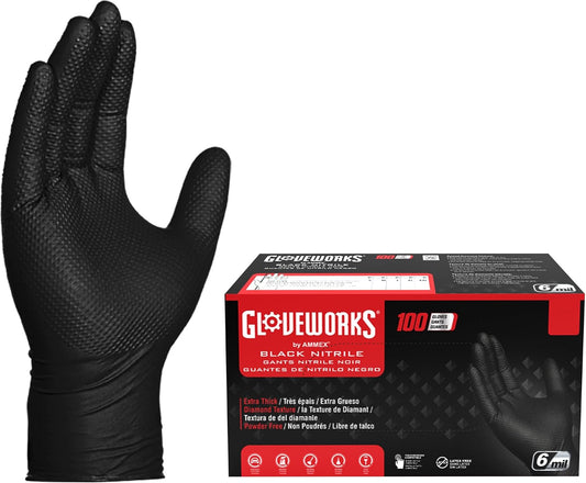 GLOVEWORKS Black Nitrile Gloves 6 Mil Diamond Textured for Mechanic Work