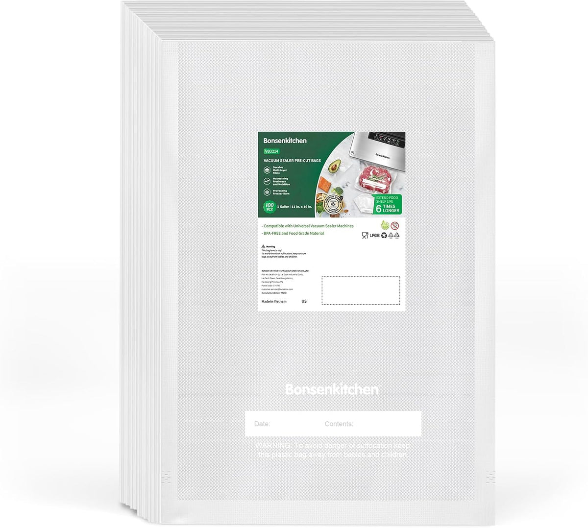 Bonsenkitchen Precut Vacuum Sealer Bags, 100 Gallon 11" x 16" Food Sealer