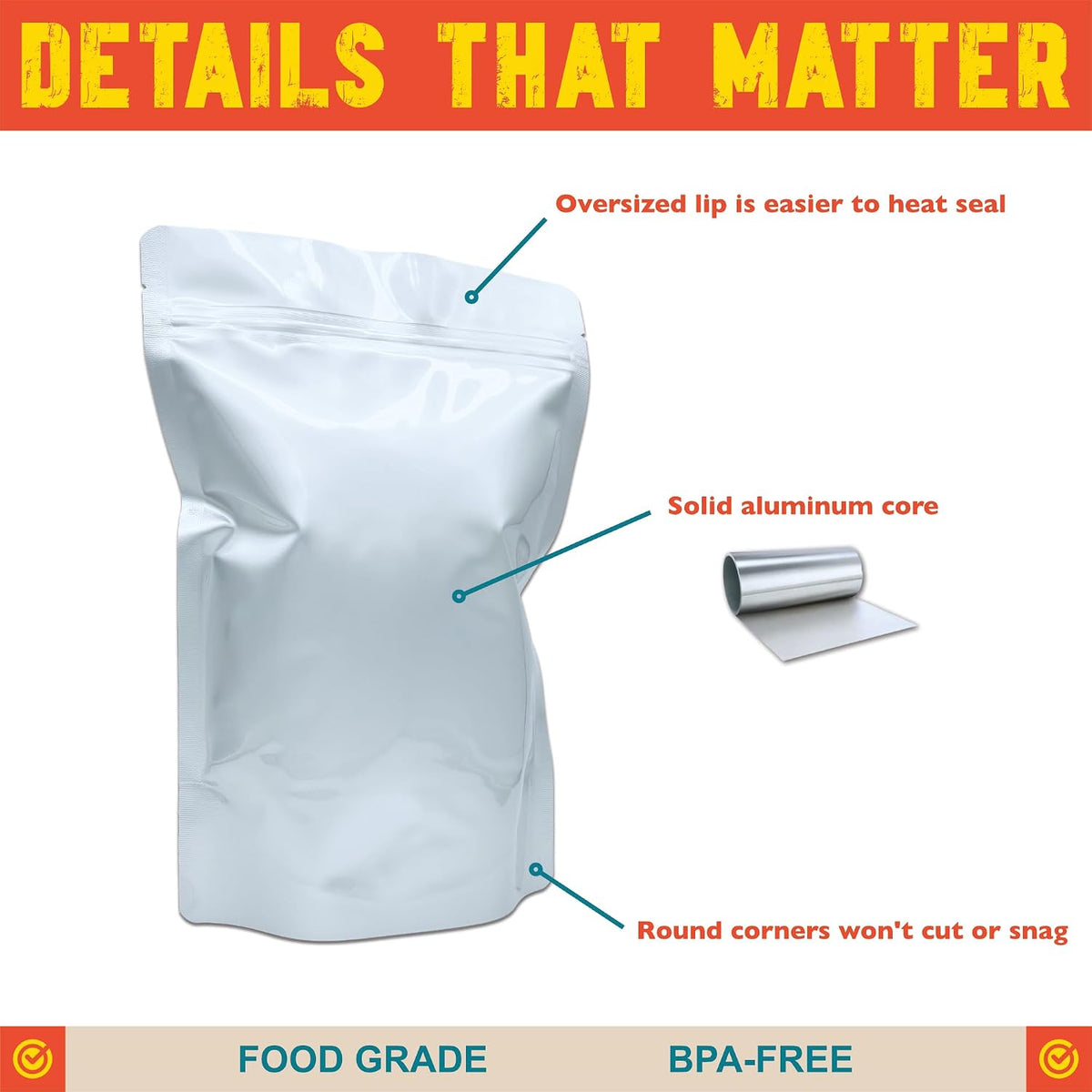 1 Quart Mylar Bags, 16 Mil Total Thickness, Stand-Up Resealable Mylar Bags for Food Storage, Freeze Dryer [60-Pack | 7" x 10" x 4"]