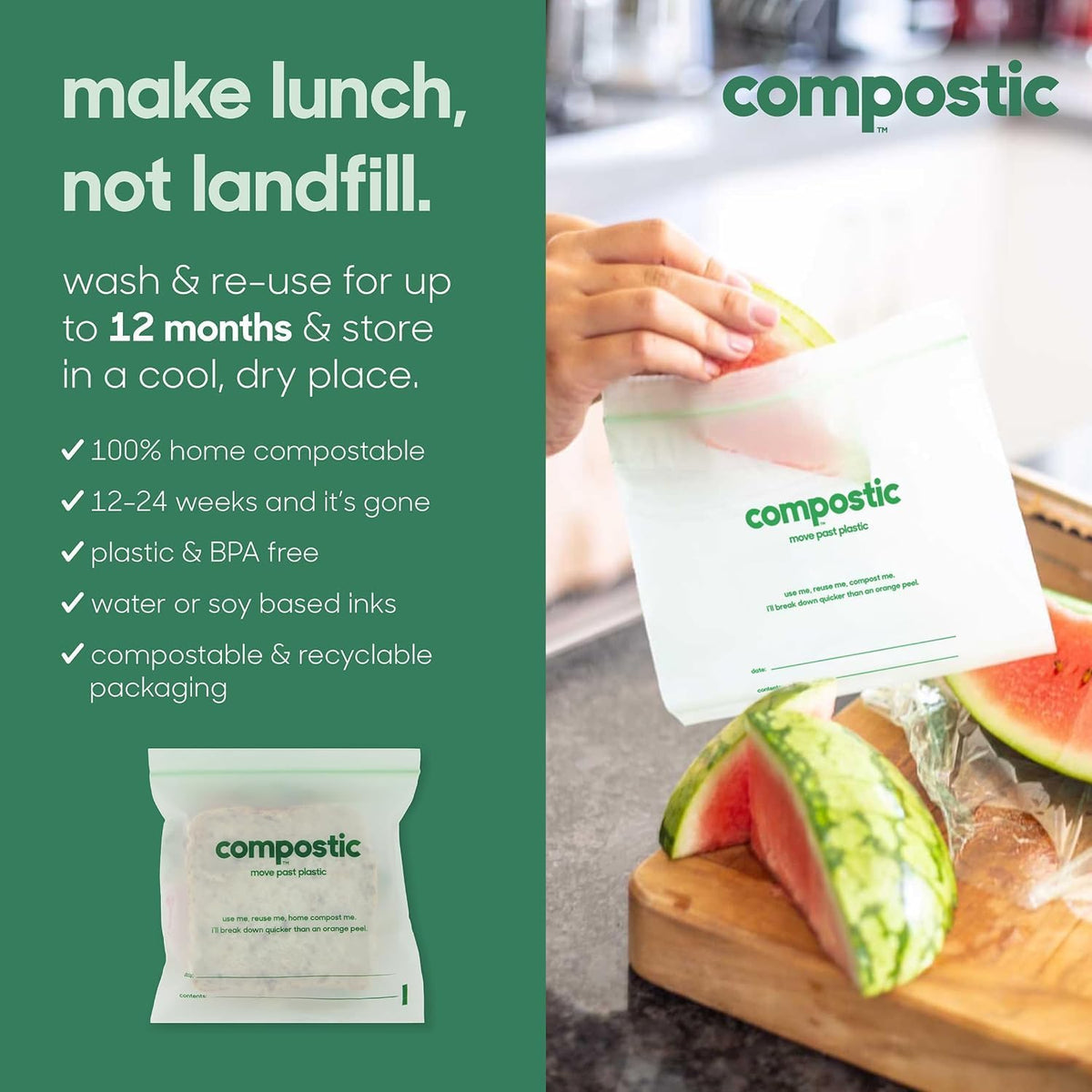 Compostic Compostable Sandwich, Snack, Gallon, Quart Bags Variety, 290 Ct