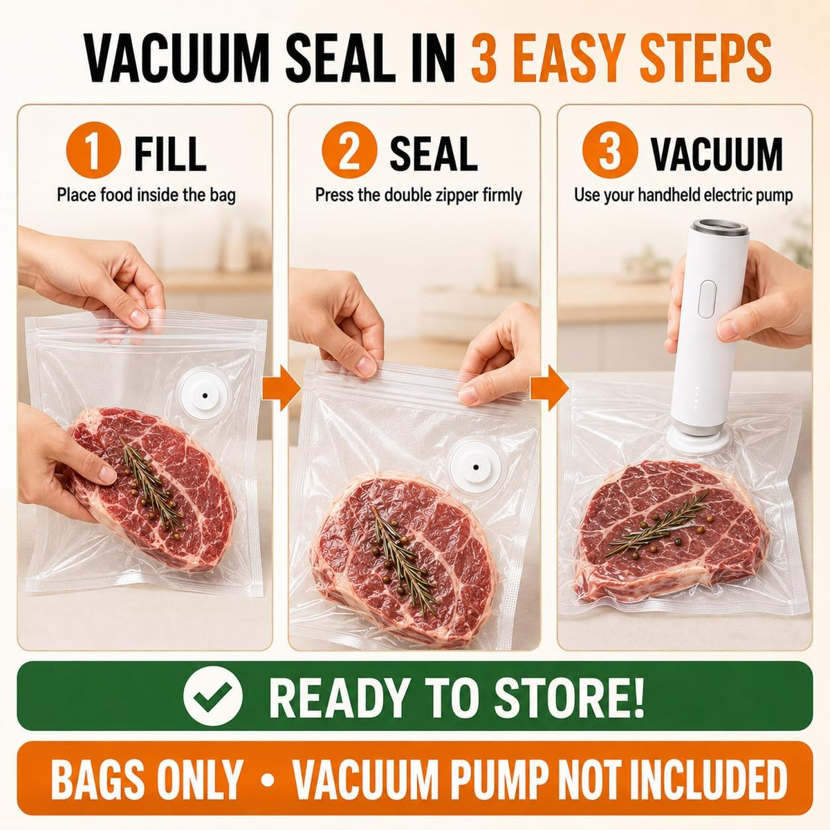 Vacuum Sealer Bags for Food, 60 Pcs Reusable Food Storage Bags, S+M+L Sizes, Air Valve Zipper Bags for Meal Prep, Freezer, Sous Vide & Microwave Storage