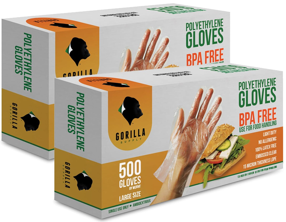 GORILLA SUPPLY 1000 BPA Free Premium Disposable Gloves Poly PE LDPE Plastic for Kitchen Food Handling Food Prep Latex & Powder Free (1000 Count, Large)