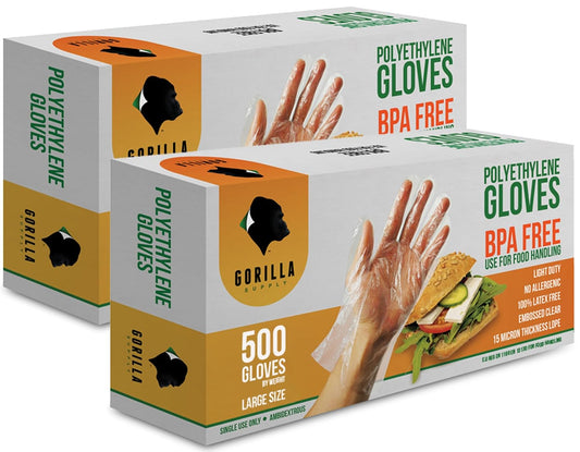 GORILLA SUPPLY 1000 BPA Free Premium Disposable Gloves Poly PE LDPE Plastic for Kitchen Food Handling Food Prep Latex & Powder Free (1000 Count, Large)