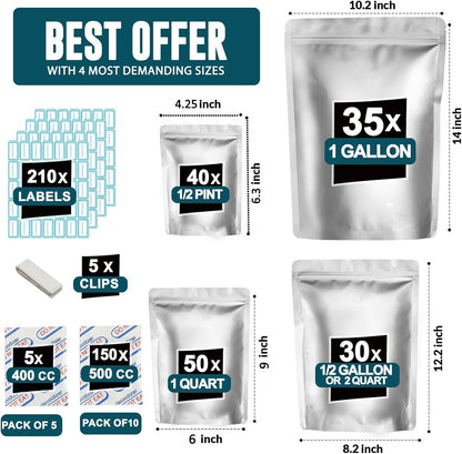 155 Mylar Bags with 155 Oxygen Absorbers-210 Labels & Airtight Resealable