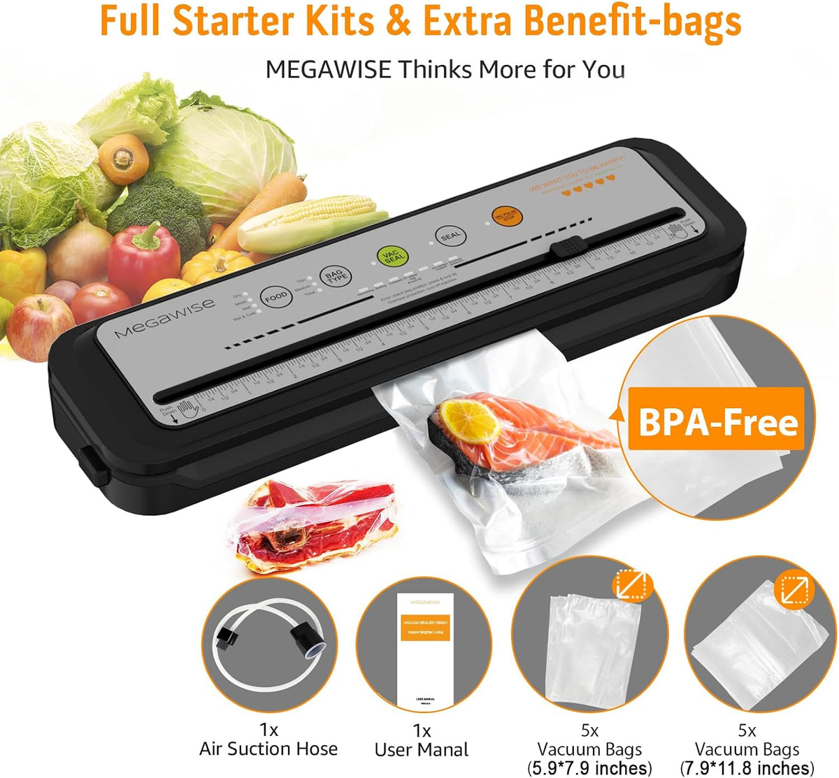 Updated Vacuum Sealer Machine 2025, MEGAWISE Food Sealer w/Starter Kit, Dry & Moist Food Modes, Compact Design with 10 Vacuum Bags & Built-in Cutter (Grey)