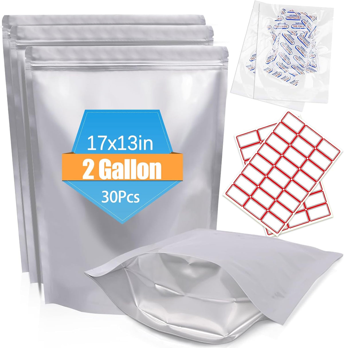 30PCS 2Gallon 17"X13" Mylar Bags for Food Storage with Oxygen Absorbers&Lables,10 Mil Thick Resealable Stand-Up Zipper&Heat Sealable Bags for Long Term Food Storage,Dried Food