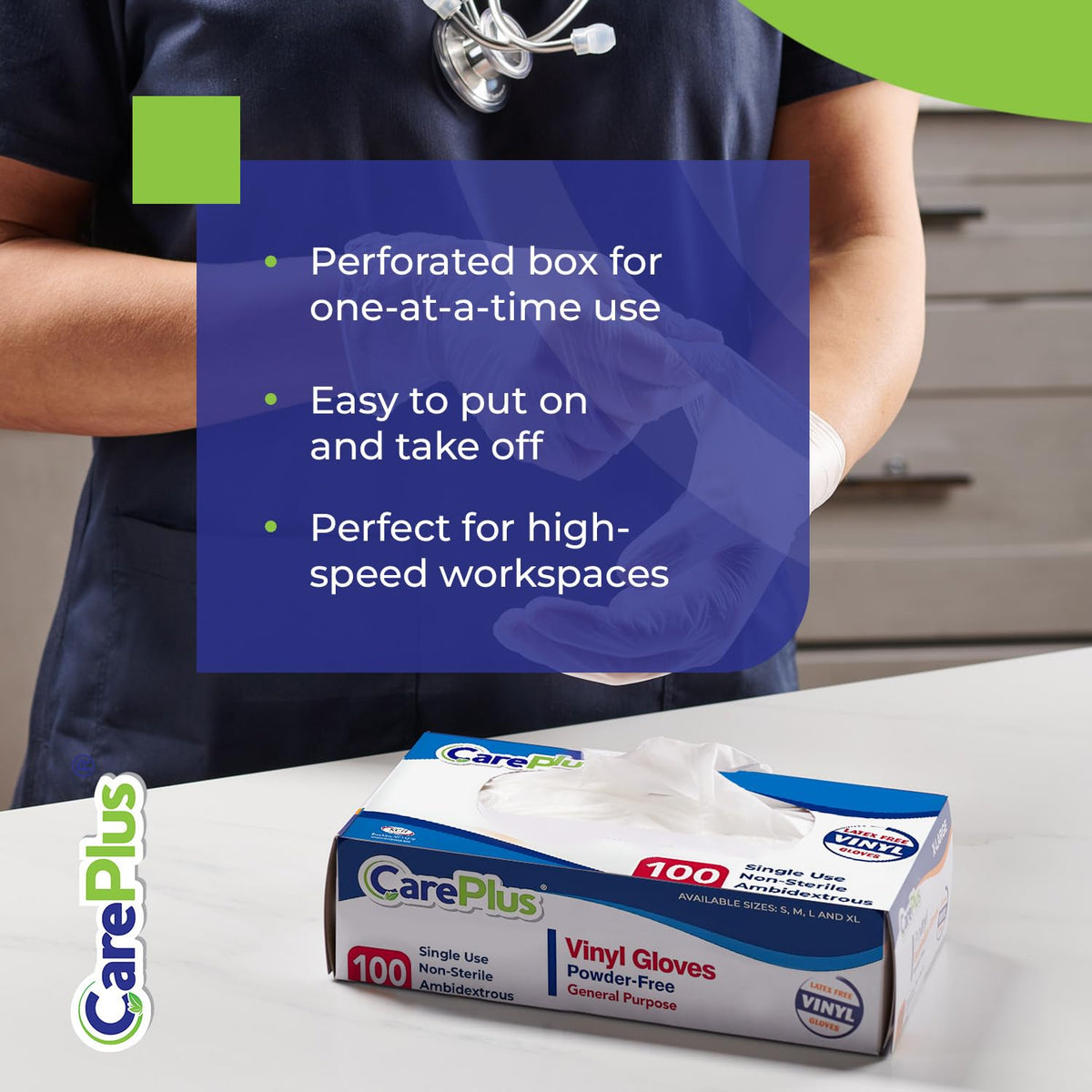 CARE PLUS Vinyl Gloves Clear Medium, Disposable Latex Free, 100 Count