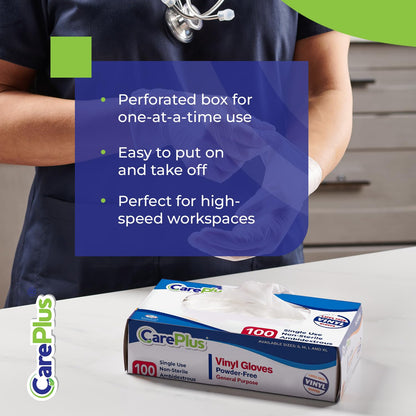 CARE PLUS Vinyl Gloves Clear Medium, Disposable Latex Free, 100 Count