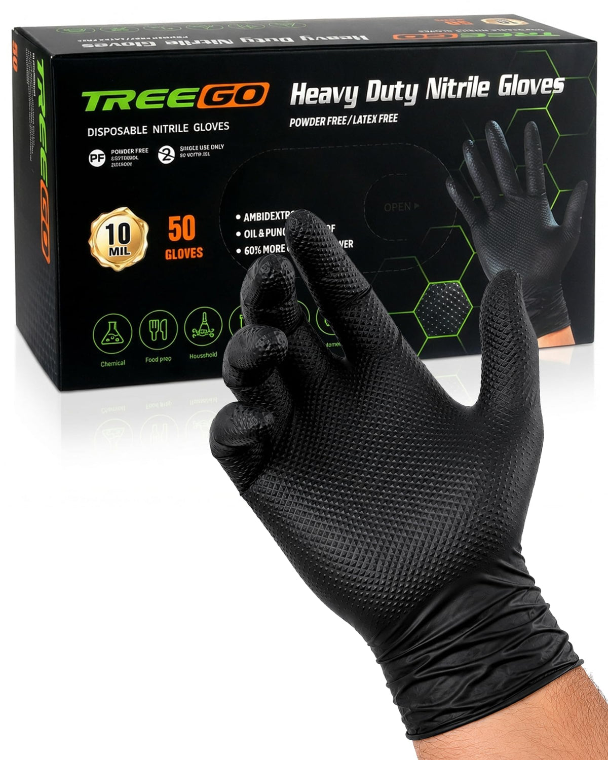 TREEGO 10 Mil Heavy Duty Black Nitrile Mechanic Gloves, 50 Count L