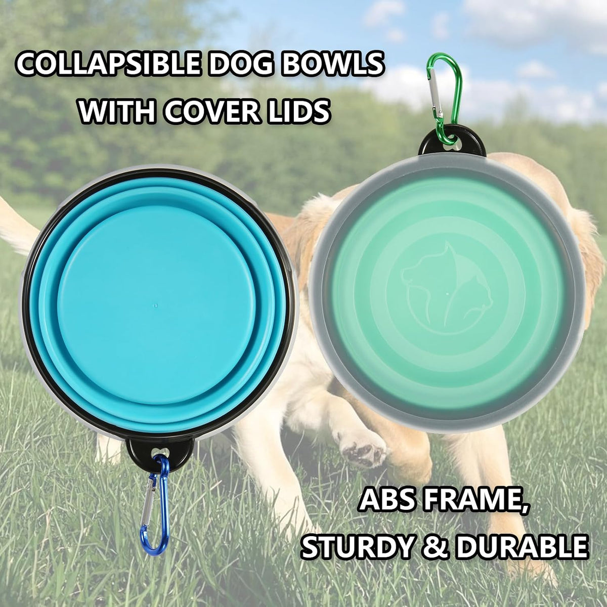 SLSON Dog Bowls Pet Collapsible Bowl with Cover Lids, 2 Pack Travel Bowls
