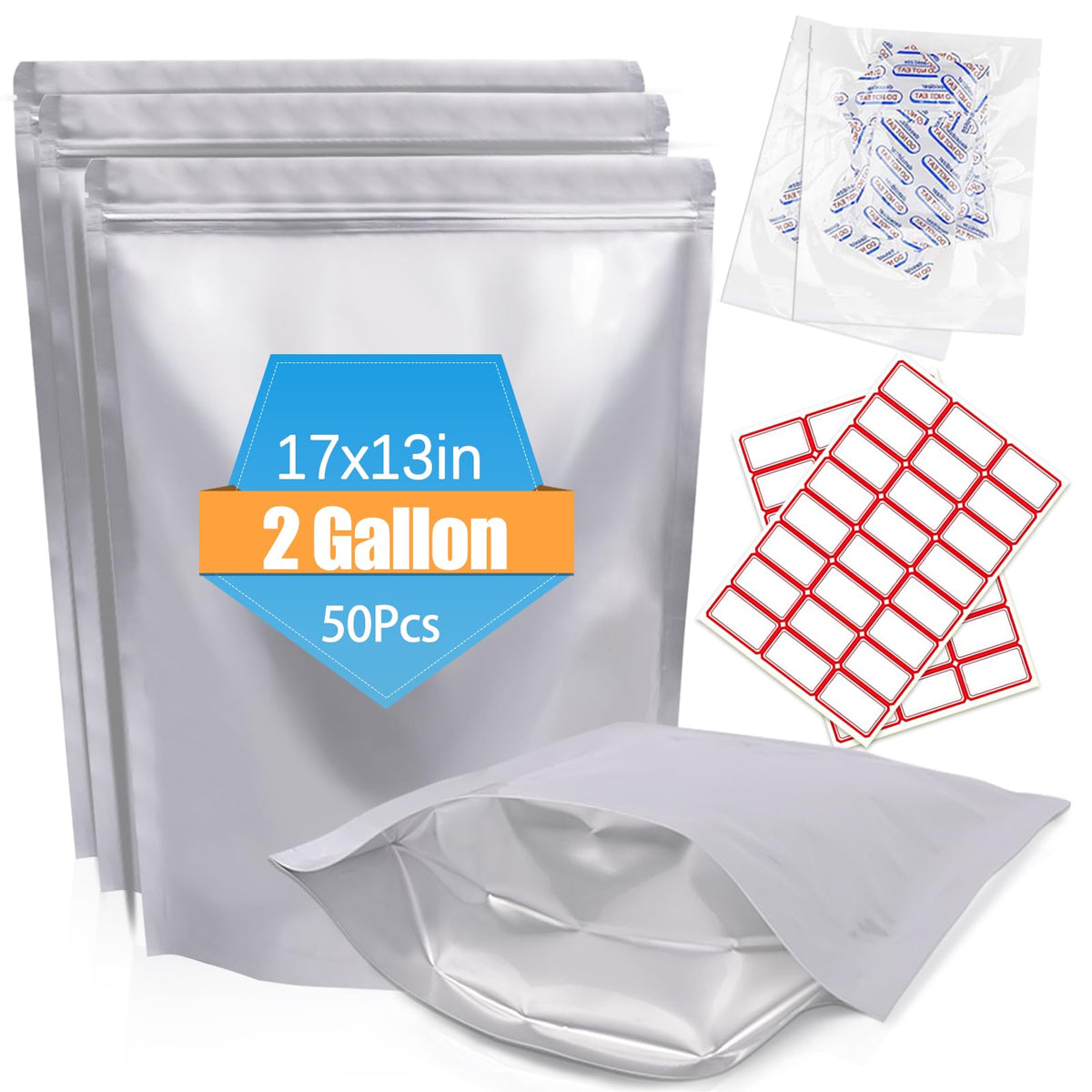 30PCS 2Gallon 17"X13" Mylar Bags for Food Storage with Oxygen Absorbers&Lables,10 Mil Thick Resealable Stand-Up Zipper&Heat Sealable Bags for Long Term Food Storage,Dried Food