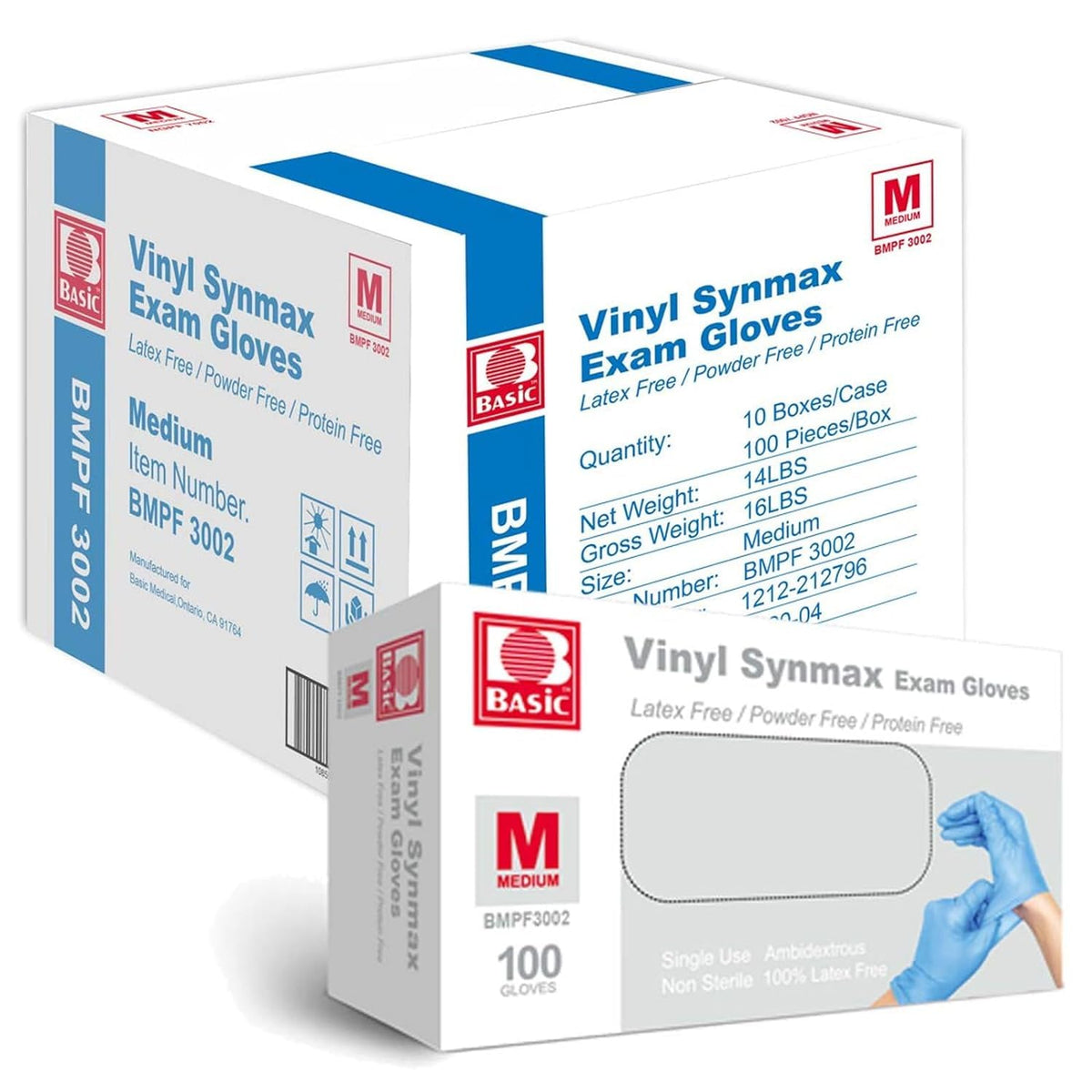 INTCO Basic Medical Synmax Vinyl Exam Gloves,Disposable Gloves - Latex-Free & Powder-Free for Medical,Cleaning,Food Safe- Large, BMPF-3003(Case of 1000,Blue)