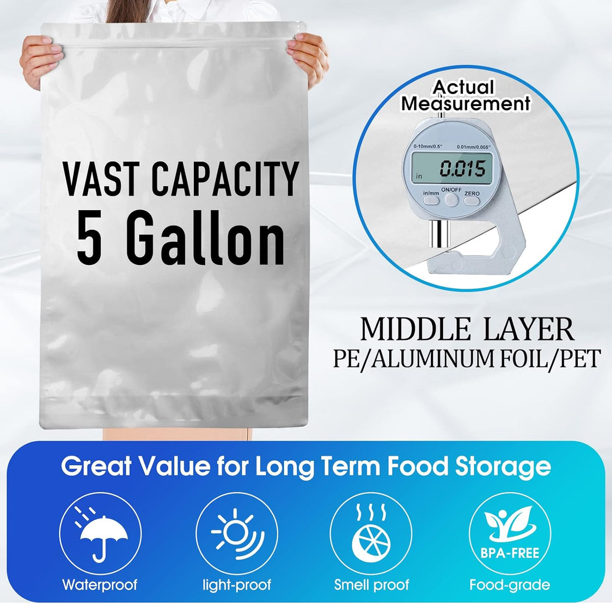 15 Mil 5 Gallon Mylar Bags for Food Storage with 2500cc Oxygen Absorbers