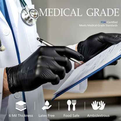 PROMEDIX P Black Disposable Nitrile Gloves, 6Mil 100 Pcs Food Safe Cooking Gloves Latex Free Rubber Gloves for Cleaning Exam