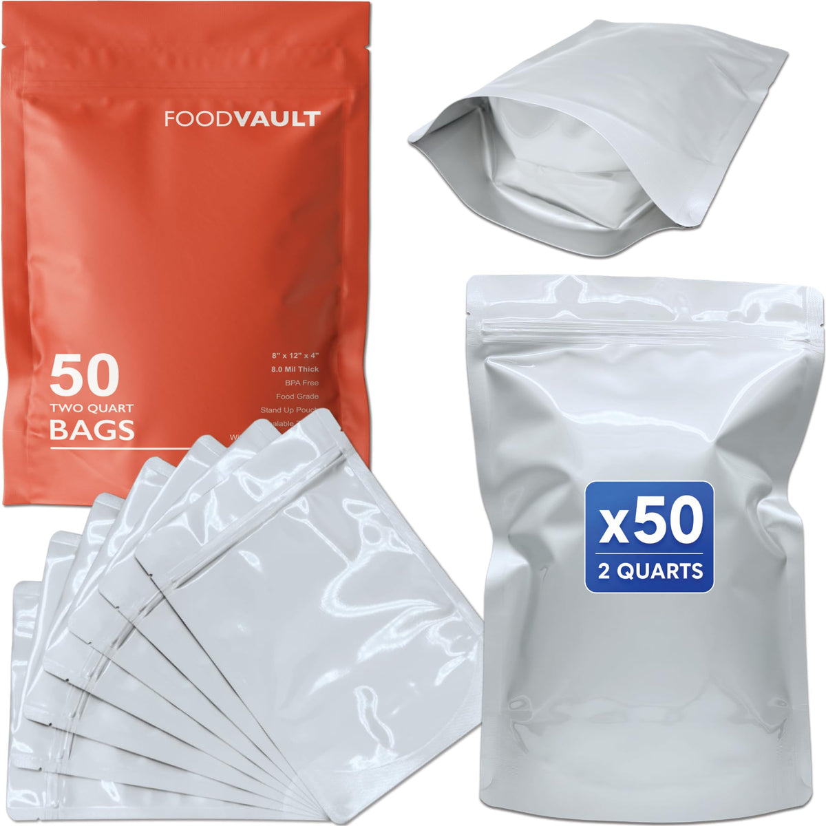 1 Quart Mylar Bags, 16 Mil Total Thickness, Stand-Up Resealable Mylar Bags for Food Storage, Freeze Dryer [60-Pack | 7" x 10" x 4"]