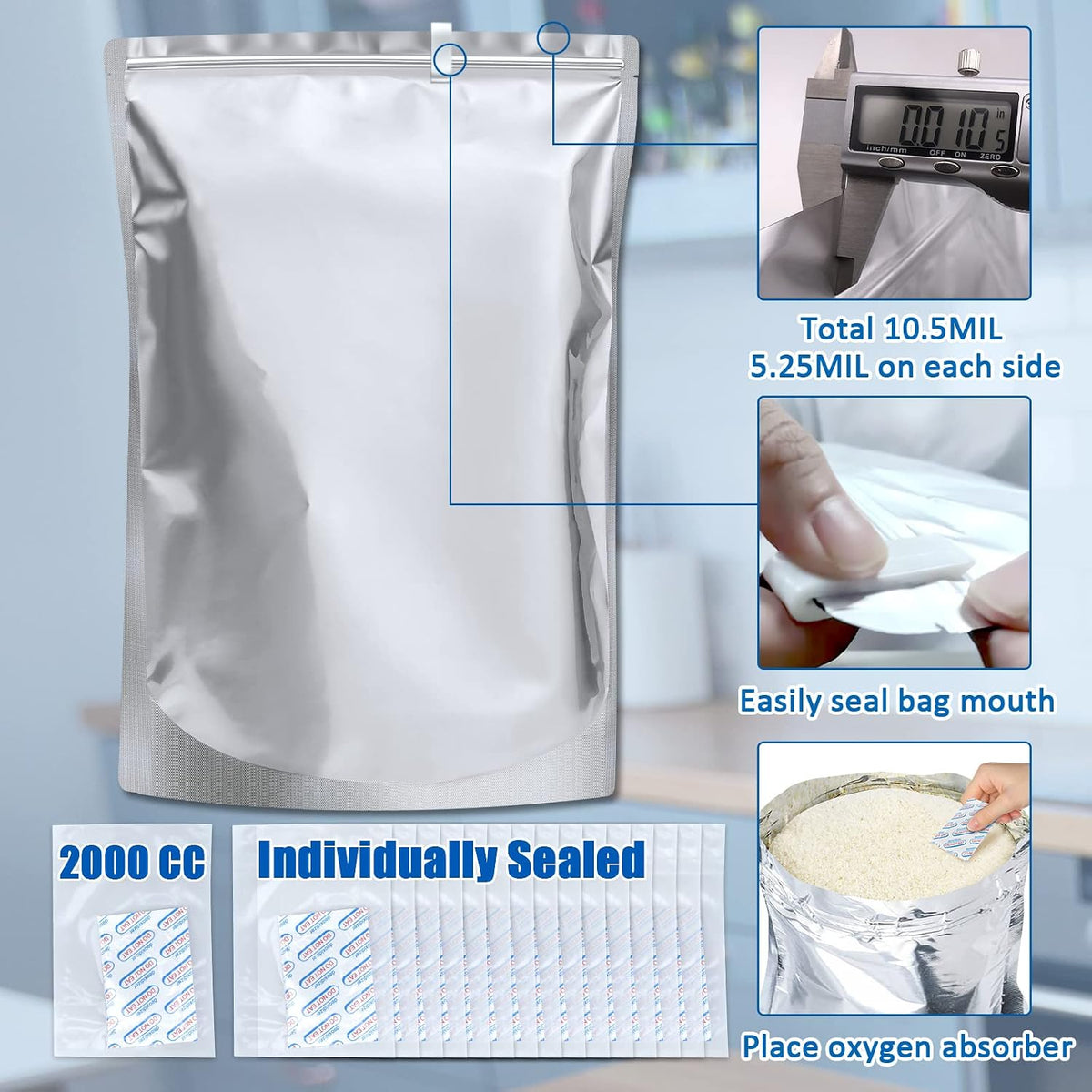 15 Pack 5 Gallon Mylar Bags with 15 x 2000cc Oxygen Absorbers