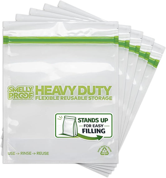 HEAVY DUTY Reusable STAND-UP Bags for Food Storage by Smelly Proof, USA Made, NO PEVA & BPA FREE, Reusable Freezer Bags, Dishwasher-Safe, Triple Zip, CLEAR 5-mils LRG Quart 8.75" x 9.5" - 5pk