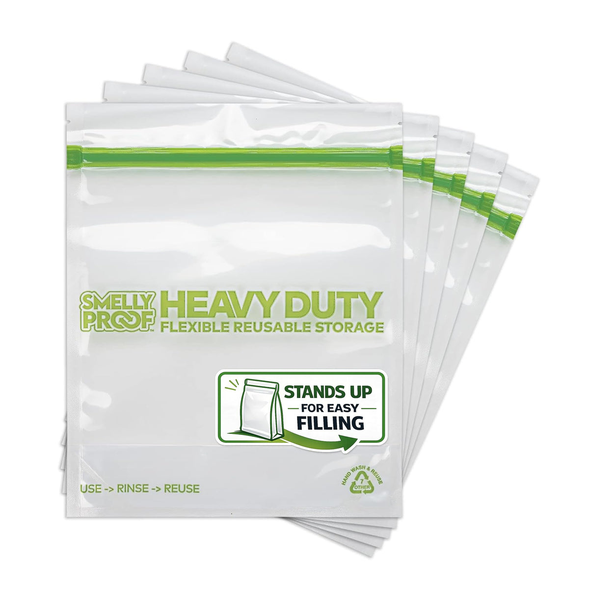 HEAVY DUTY Reusable STAND-UP Bags for Food Storage by Smelly Proof, USA Made, NO PEVA & BPA FREE, Reusable Freezer Bags, Dishwasher-Safe, Triple Zip, CLEAR 5-mils LRG Quart 8.75" x 9.5" - 5pk