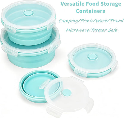 CARTINTS Silicone Collapsible Food Storage Containers-Prep/Storage Bowls with Lids – Set of 4 Round Silicone Lunch Containers – Microwave and Freezer Food Containers (Blue)