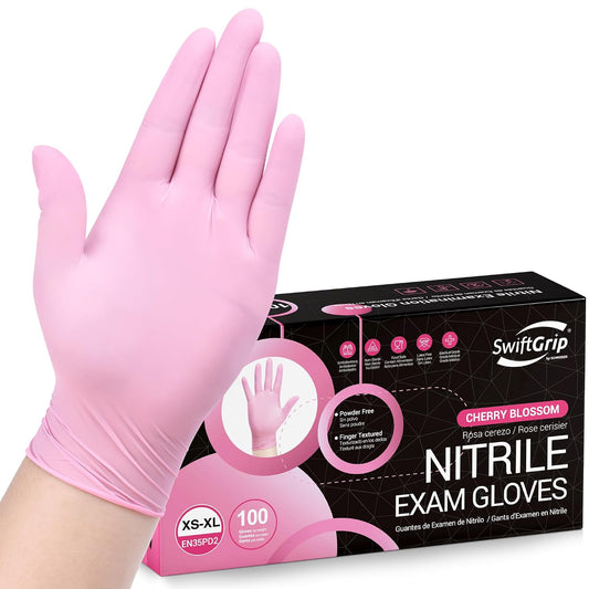 SwiftGrip Pink Nitrile Gloves, 3-mil, Industrial Gloves Disposable Latex Free, for Cleaning & Esthetician, Rubber Powder-Free, 100-ct Box (Medium)