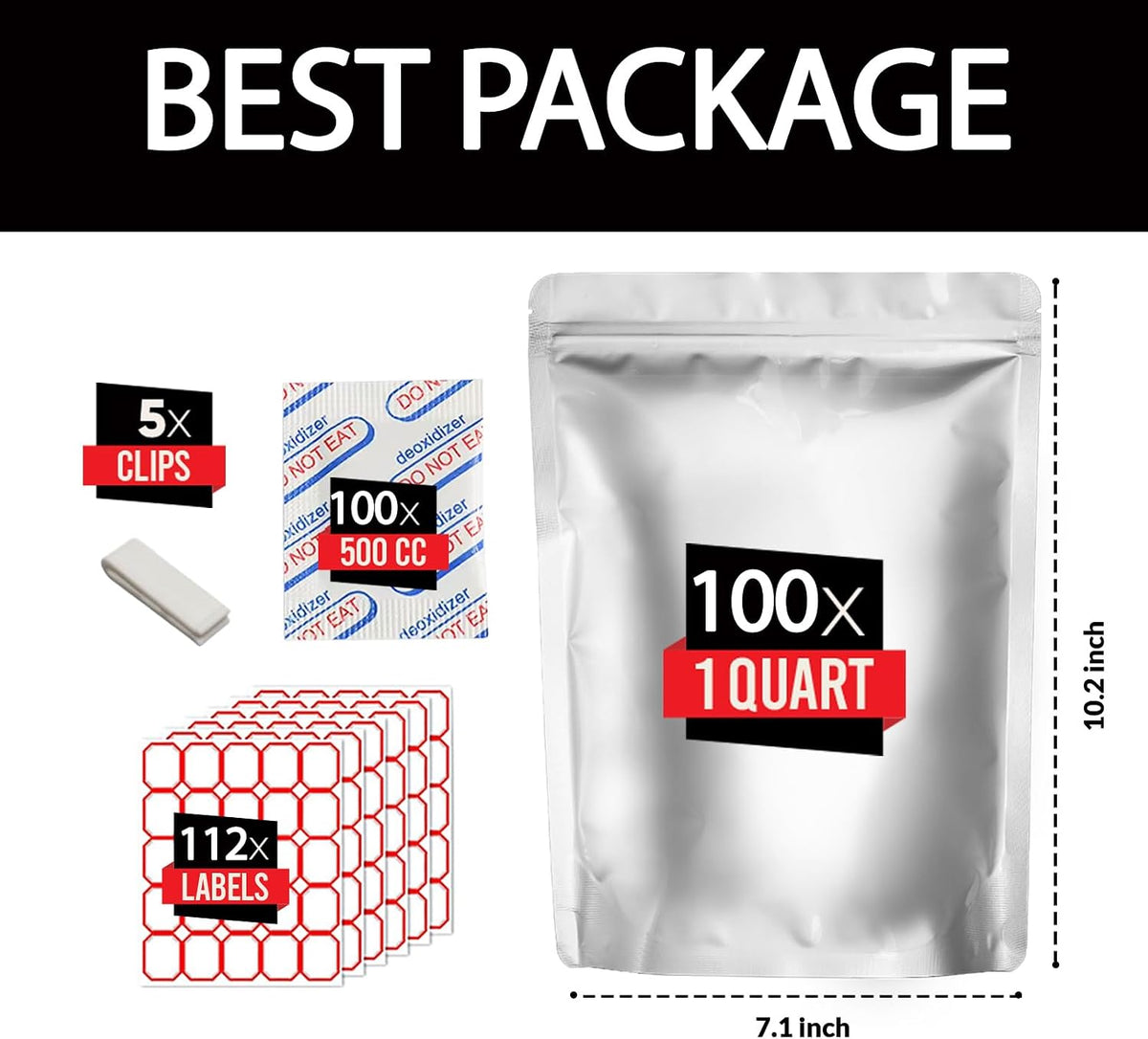 100pcs Quart Mylar Bags with 100 x 500cc Oxygen Absorbers-112 Labels
