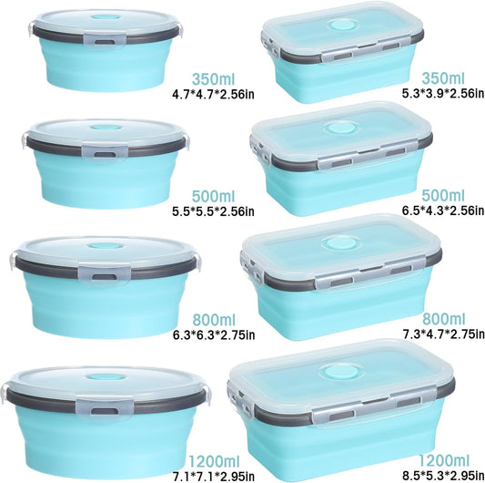 Yaomiao 16 Pack Collapsible Food Storage Container with Lid,Gray, Blue