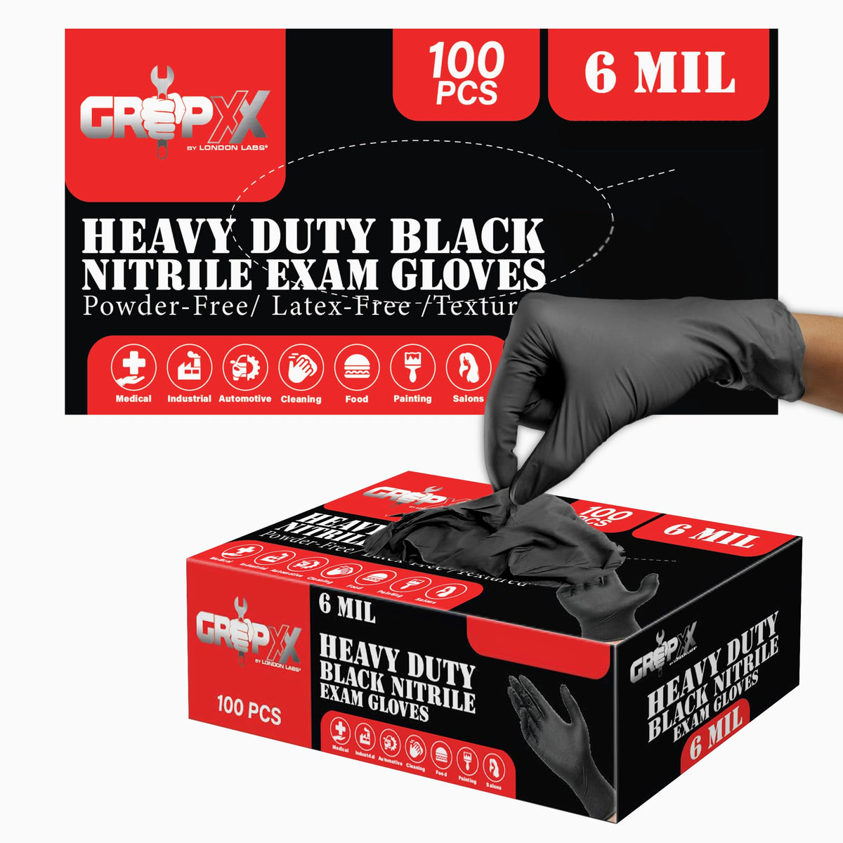London Labs Heavy Duty 6 Mil Black Nitrile Gloves - Disposable, Latex & Powder Free | Mechanic, Food Prep & Tattoo | Rubber Gloves for Cooking, Cleaning & Household | Pack of (100)