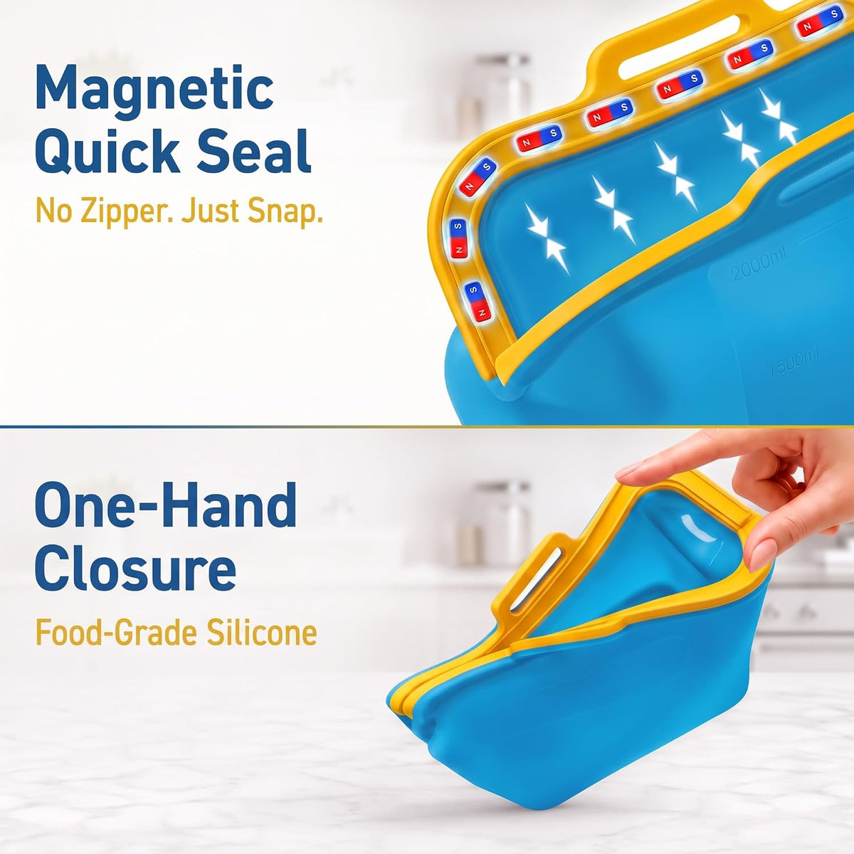 Auto-Closing Magnetic Seal Reusable Silicone Food Storage Bags, 2 Pack 8-Cup / 68 oz Stand-Up Pouches, No Harsh Smells, for Lunch, Fruit, Meal Prep, School & Office, Dishwasher & Freezer Safe