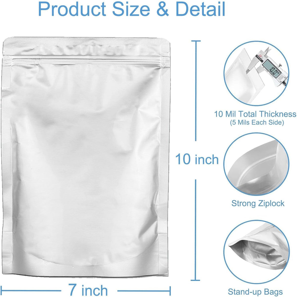 100pcs 1 QUART Mylar Bags - 10 Mil Total Thickness - 7"x10" Stand-Up Zipper Pouches, Resealable Heat Sealable Mylar Bags for Long Term Food Storage
