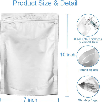 100pcs 1 QUART Mylar Bags - 10 Mil Total Thickness - 7"x10" Stand-Up Zipper Pouches, Resealable Heat Sealable Mylar Bags for Long Term Food Storage