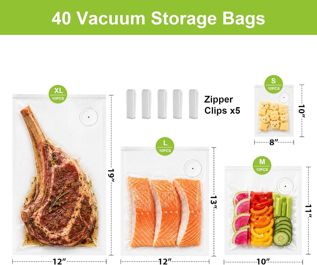 URPOWER Reusable Vacuum Sealer Bags for Food Storage, 40 PCS with 5 Clips