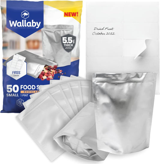Wallaby 1-Pint Gusset 11 Mil Thick Mylar Bags, Zipper, Labels (50-Pack)