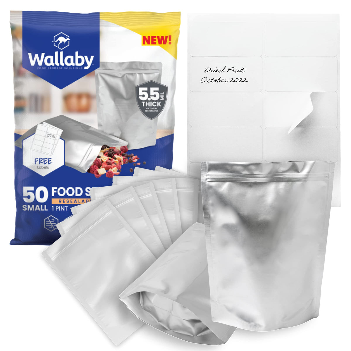 Wallaby 1-Pint Gusset 11 Mil Thick Mylar Bags, Zipper, Labels (50-Pack)
