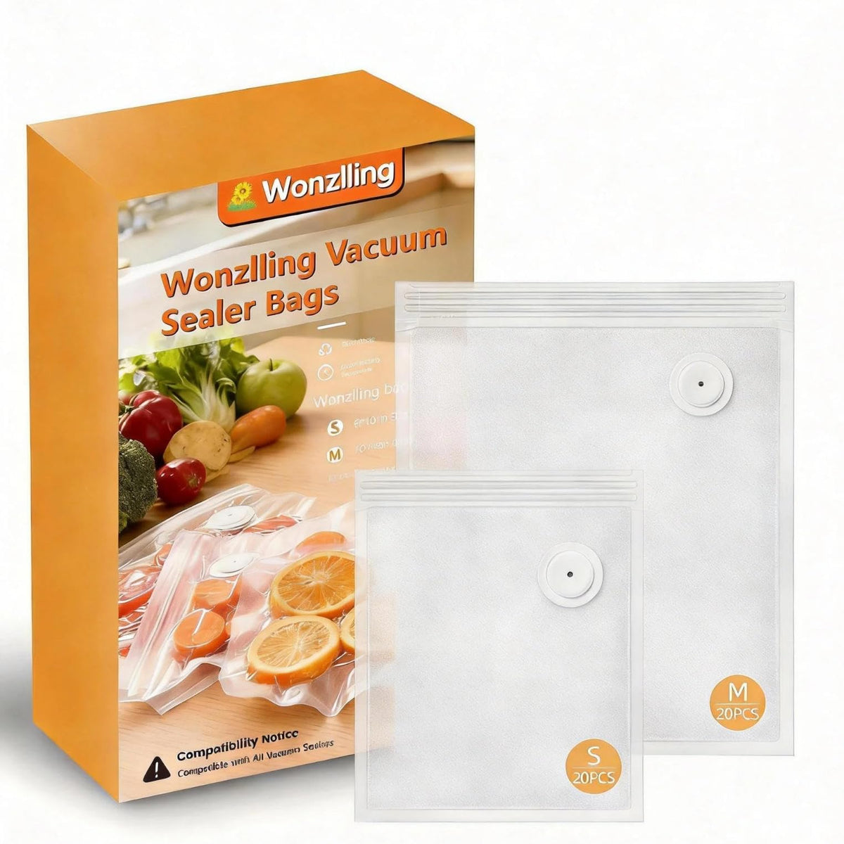 Vacuum Sealer Bags for Food, 60 Pcs Reusable Food Storage Bags, S+M+L Sizes, Air Valve Zipper Bags for Meal Prep, Freezer, Sous Vide & Microwave Storage