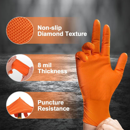 PROMEDIX P Heavy Duty Nitrile Disposable Gloves,8-mil Orange,Raised Diamond Texture Work Gloves，Industrial Work gloves