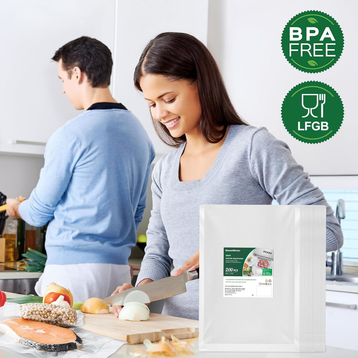 Bonsenkitchen Precut Vacuum Sealer Bags 200 Quart 8" x 12", BPA Free