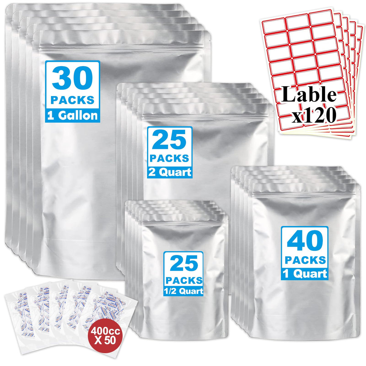 Mylar Bags 4Gallon 30PCS 14"X20" for Food Storage with Oxygen Absorbers&Labels,10Mil Thick Resealable Zipper&Heat Seal Stand Up Pouches for Packaging Long Term,Dried Food,BPA Free
