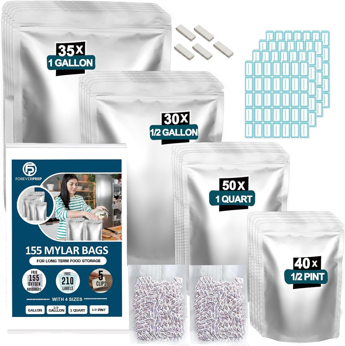 155 Mylar Bags with 155 Oxygen Absorbers-210 Labels & Airtight Resealable