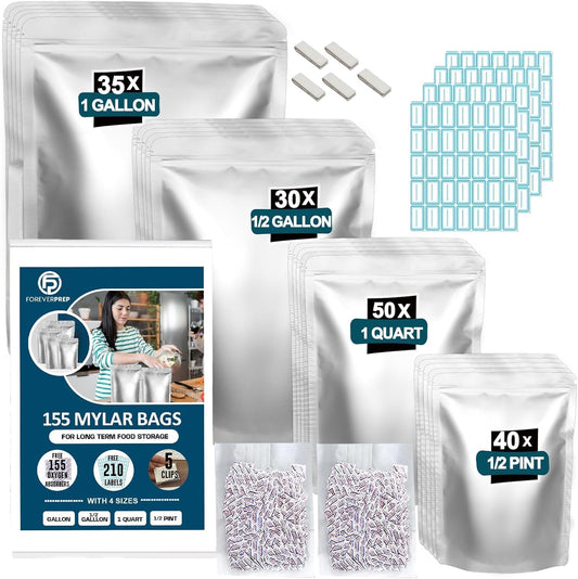 155 Mylar Bags with 155 Oxygen Absorbers-210 Labels & Airtight Resealable