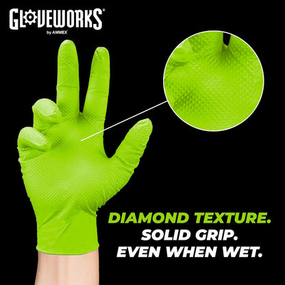 Gloveworks HD 8 mil Green Nitrile Disposable Industrial Gloves with Raised Diamond Texture - GWGN Box of 100 / Medium
