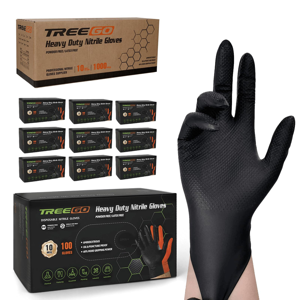 TREEGO 10 Mil Heavy Duty Black Nitrile Mechanic Gloves, 50 Count L