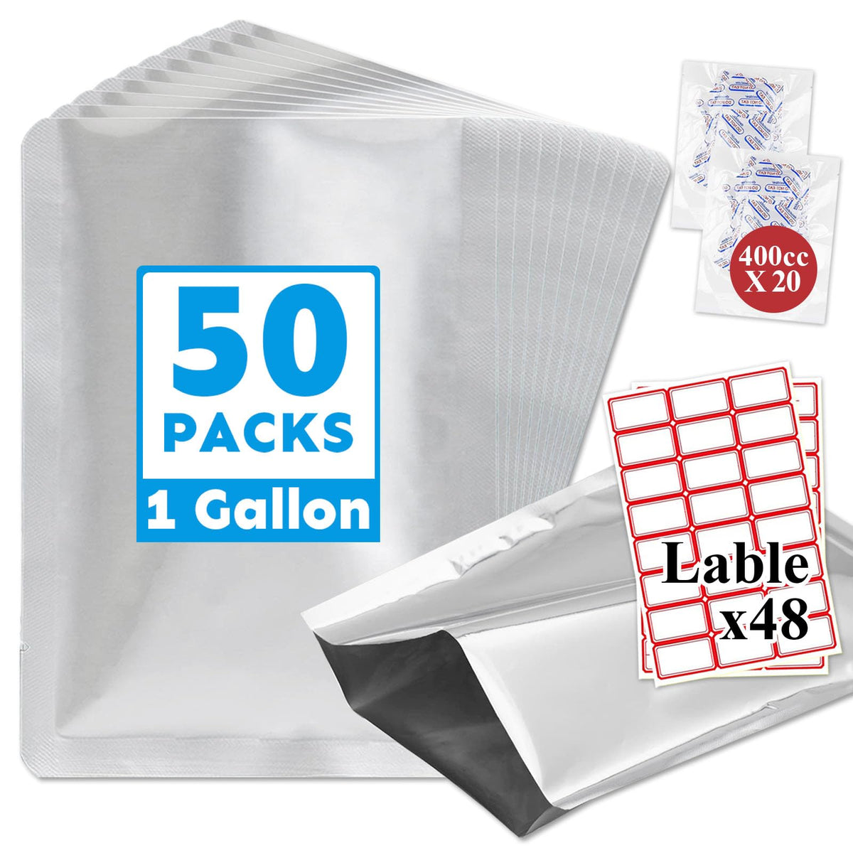 Mylar Bags 4Gallon 30PCS 14"X20" for Food Storage with Oxygen Absorbers&Labels,10Mil Thick Resealable Zipper&Heat Seal Stand Up Pouches for Packaging Long Term,Dried Food,BPA Free