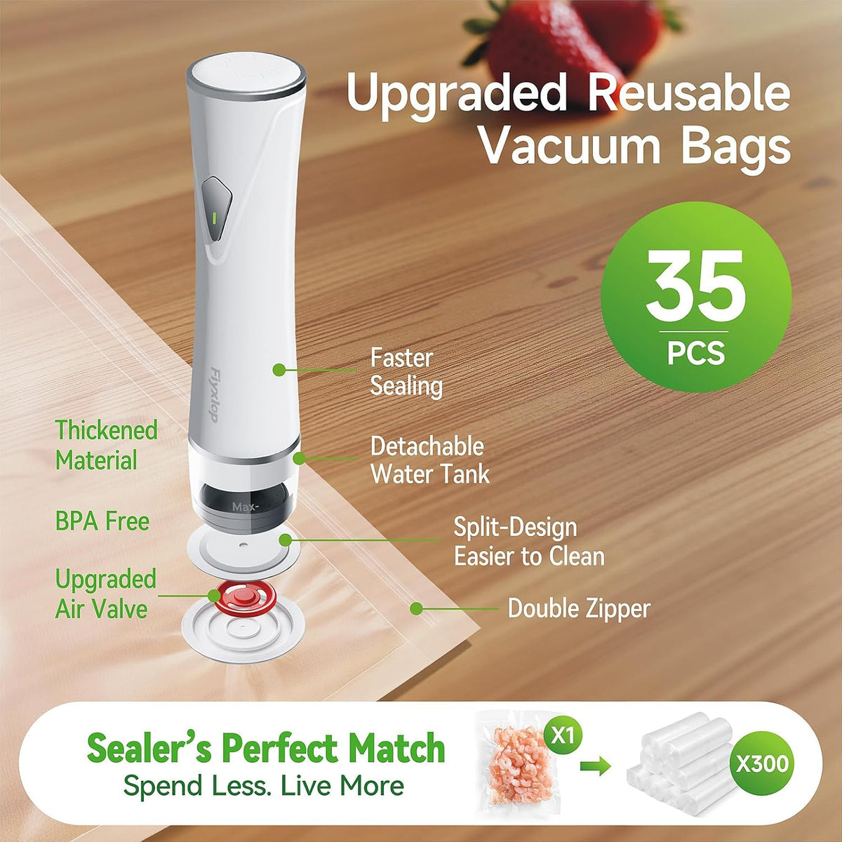 Vacuum Sealer for Food, Premium Handheld Vacuum Sealer + 35 Reusable Vacuum Bags, Powerful Vacuum Food Sealer for Kitchen, Home, BBQ, Travel, Gifts, Seal Food 6X Fresh Longer