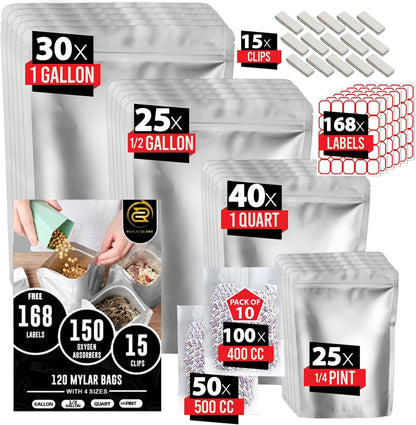 120 Mylar Bags with 150 Oxygen Absorbers-168 Labels & Stand-Up Reusable